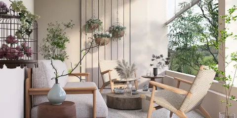 cozy seating area with planters featuring indoor plants in a modern design, showcasing a relaxing ambiance for interior design with Homestyler's real-time 3D rendering feature.