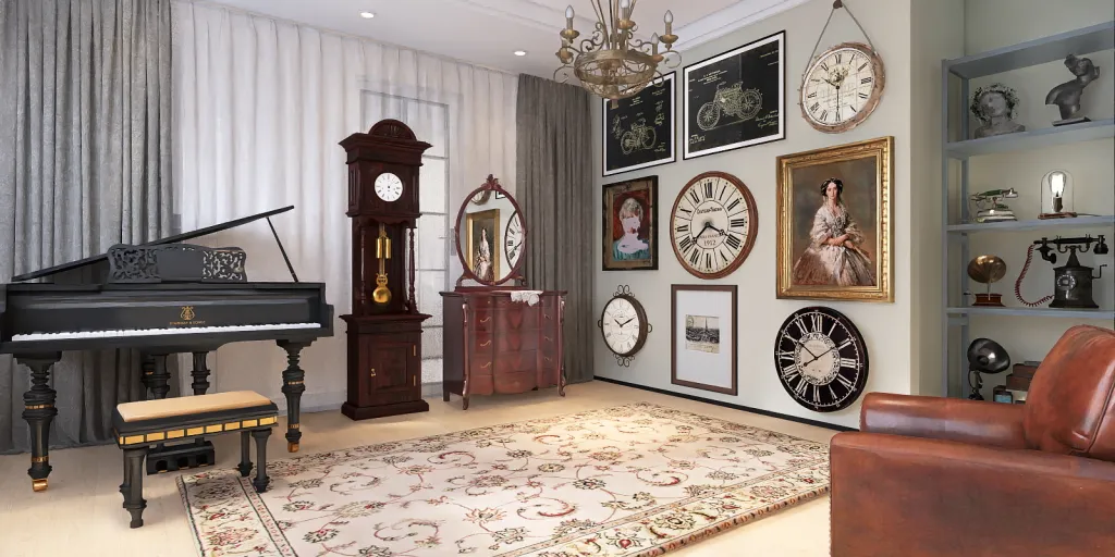 a living room with a piano and a clock 