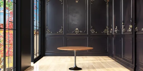 modern wooden table placement in a luxurious black-themed dining room interior design with Homestyler's real-time 3D rendering feature
