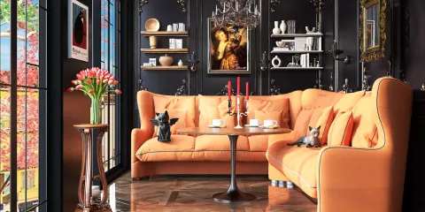 orange sectional sofa arranging furniture in a modern style living room with vintage decor, showcasing Homestyler's real-time 3D rendering feature.