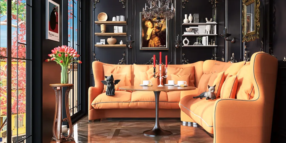 orange sectional sofa arranging furniture in a modern style living room with vintage decor, showcasing Homestyler's real-time 3D rendering feature.