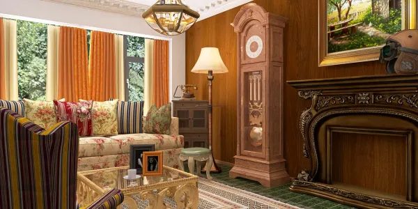 elegant living room with vintage clock showcasing 3D interior design using live rendering for efficient preview