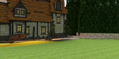 3D exterior design of a rustic house featuring detailed architecture and landscaping in a lush green garden, showcasing the home styling capabilities of Homestyler.