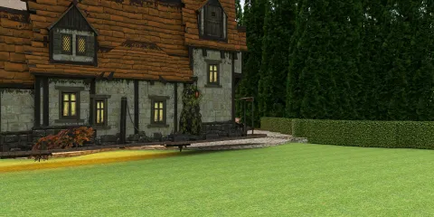 3D exterior view of a rustic house with a stone facade and wooden elements, showcasing landscaping design for outdoor spaces, featuring Homestyler's real-time 3D rendering capabilities to visualize architectural details.