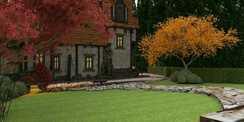 exterior garden layout showcasing a cozy cottage surrounded by lush landscaping and autumn trees in a whimsical style for outdoor design, featuring Homestyler's real-time 3D rendering for realistic visualization.