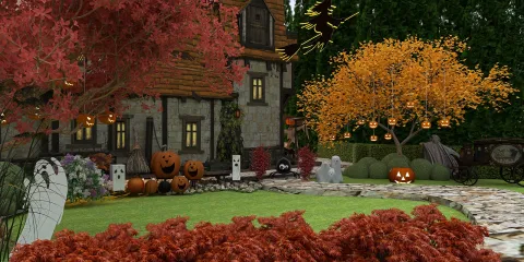 3D rendered garden scene with Halloween decorations showcasing ghosts, pumpkins, and autumn foliage in a vibrant seasonal style, highlighting Homestyler's real-time 3D rendering feature for quick design previews.