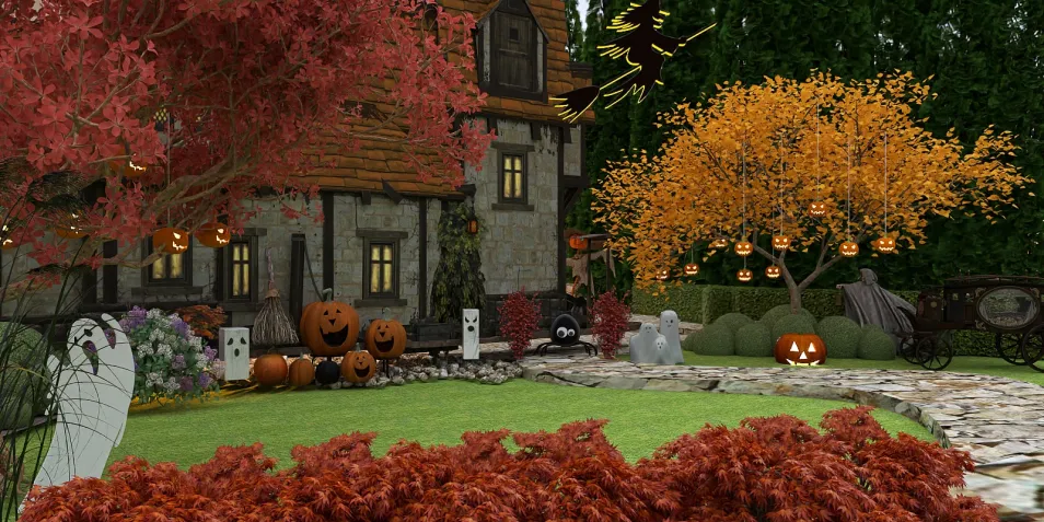 3D rendered garden scene with Halloween decorations showcasing ghosts, pumpkins, and autumn foliage in a vibrant seasonal style, highlighting Homestyler's real-time 3D rendering feature for quick design previews.