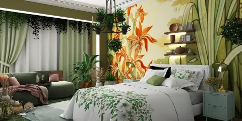 A beautifully designed bedroom featuring a floral wallpaper with vibrant orange lilies and green accents, showcasing smart furniture arrangement for optimized space. This interior design image illustrates the use of Homestyler's real-time 3D rendering to visualize the decor.