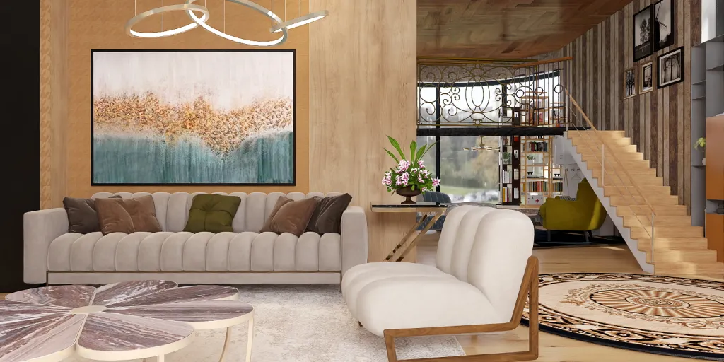 a living room with a couch, chairs, and a painting 