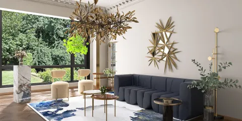 modern living room design featuring a stylish sectional sofa and decorative chandelier, showcasing a minimalist aesthetic and enhancing the space's functionality with smart furniture arrangement using Homestyler's real-time 3D rendering feature.