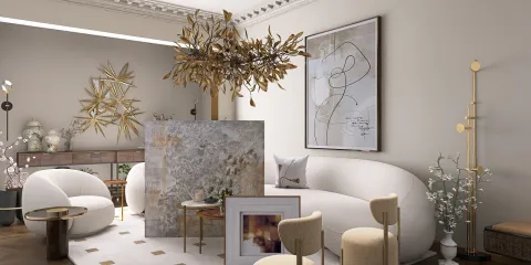 modern living room design showcasing soft curves and neutral tones with a stylish partition, featuring smart furniture arrangement to optimize small space, enhanced by Homestyler's real-time 3D rendering capabilities.