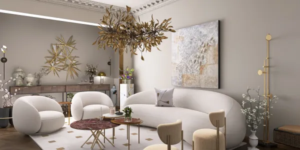 modern living room with cozy furniture arrangement featuring a sculptural sofa and artistic decor, designed to optimize space using Homestyler's intelligent furniture placement feature.