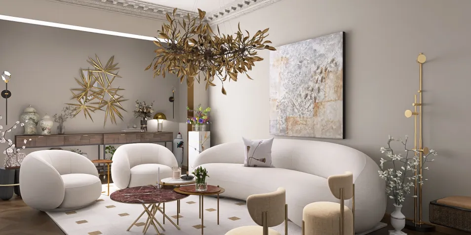 modern living room with cozy furniture arrangement featuring a sculptural sofa and artistic decor, designed to optimize space using Homestyler's intelligent furniture placement feature.
