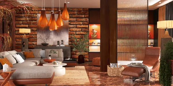 cozy living room with modern furniture arrangement showcasing a rustic design style featuring warm tones and a brick accent wall, utilizing Homestyler's real-time 3D rendering for quick design previews.