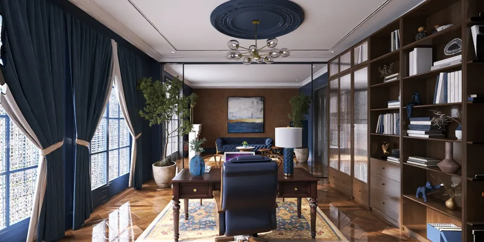 A luxurious home office featuring elegant furnishings and decor, designed for optimal workspace functionality, showcasing classic style and sophisticated ambiance, utilizing Homestyler's real-time 3D rendering capability.