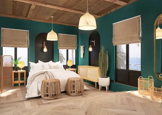 Rattan Coastal Bedroom Design Rendering
