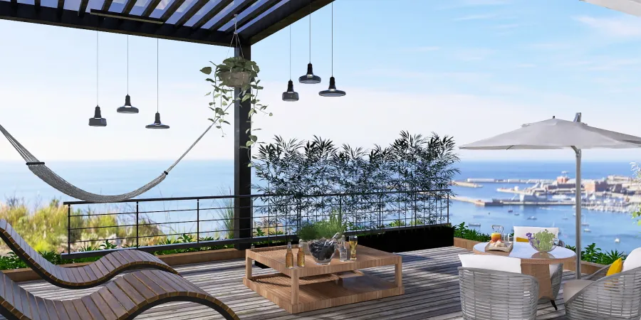 a patio with a balcony overlooking a lake 