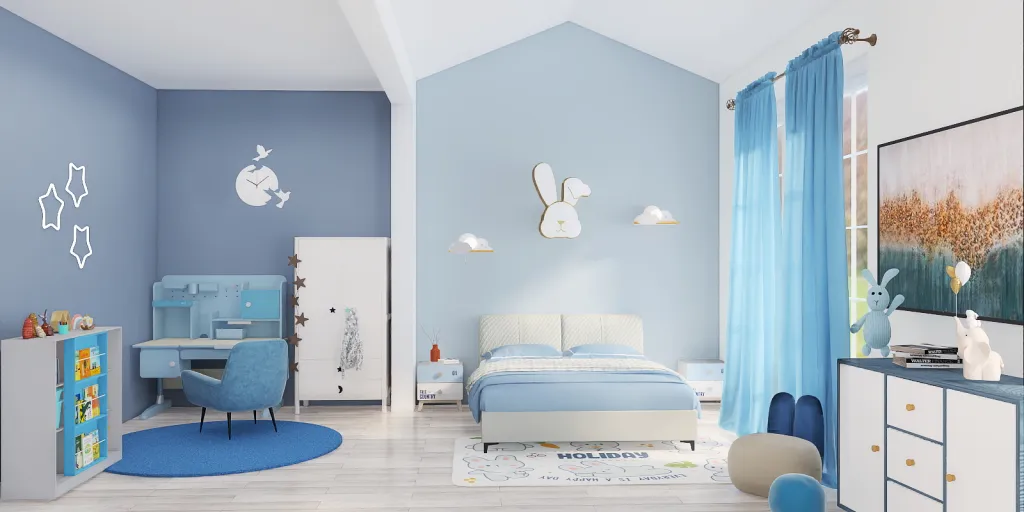 a bedroom with a blue wall and a blue bed 