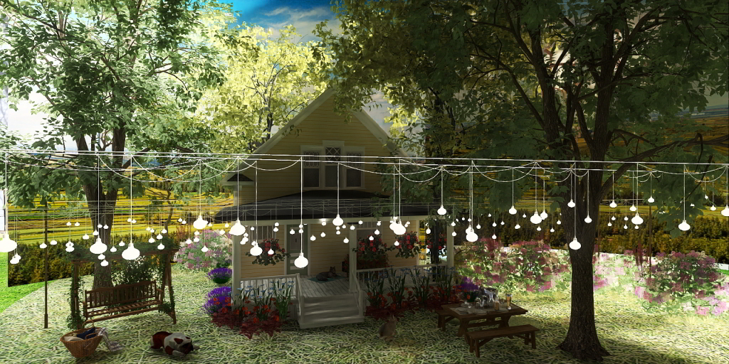 a large outdoor area with a picnic table and chairs 