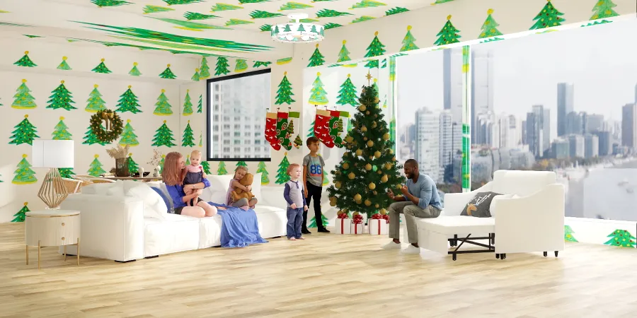 a living room with a christmas tree and a large window 