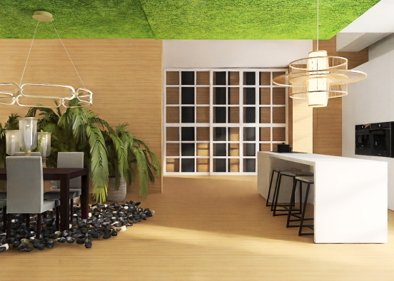 Dining room and kitchen with greenery Design Rendering