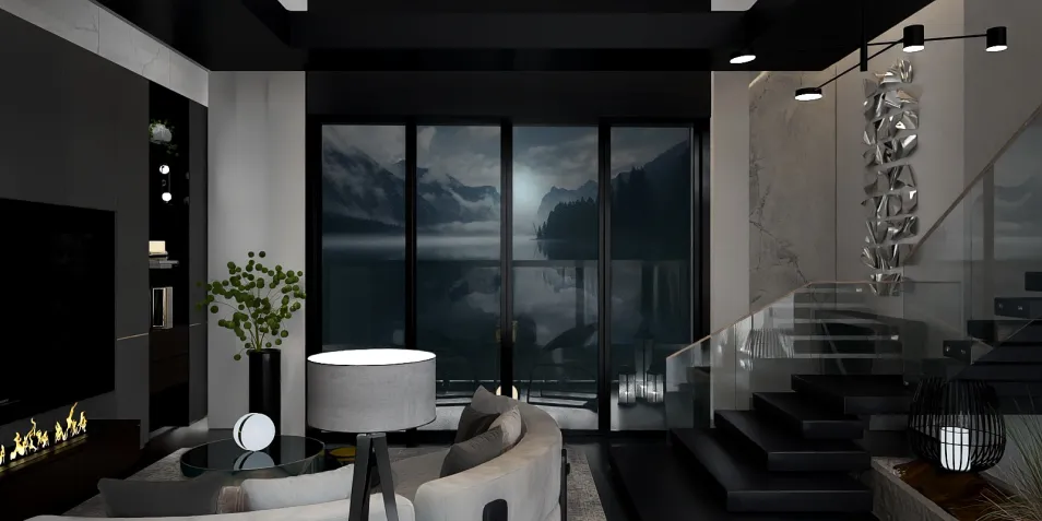 modern living room design showcasing a sleek sofa and contemporary decor featuring a stunning view of mountains reflected in large windows, optimized for space with Homestyler's real-time 3D rendering feature.