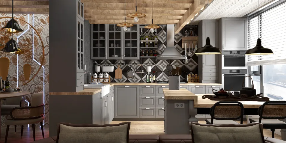 modern kitchen design featuring an open layout with smart furniture arrangement, showcasing a contemporary style, optimized for small space efficiency using Homestyler's real-time 3D rendering capability.