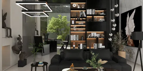 modern living room featuring elegant black furniture and stylish lighting, showcasing a minimalist design aesthetic, utilizing Homestyler's real-time 3D rendering for instant visualization.