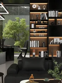 Modern living room featuring a sleek black sofa and a stylish bookshelf filled with decorative items, emphasizing a minimalist design to enhance spatial value; showcasing Homestyler's real-time 3D rendering feature for renovation previews.