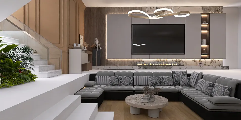 modern living room with a sectional sofa and statement lighting, featuring a stylish design for enhanced interior decor, utilizing Homestyler's real-time 3D rendering for a quick visual preview.
