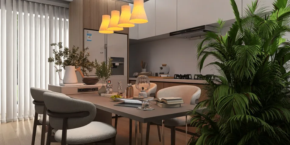 modern dining area featuring a wooden table and stylish pendant lights, showcasing an inviting interior design with cozy ambiance, utilizing Homestyler's real-time 3D rendering for an accurate preview.