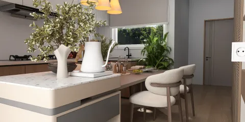 modern kitchen featuring a marble countertop with greenery, designed using Homestyler for functional interior decor, showcasing real-time 3D rendering capabilities