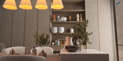 dining area with warm lighting and decorative shelves showcasing ceramic and glass products, modern Scandinavian design, featuring Homestyler's real-time 3D rendering for detailed interior visualization.