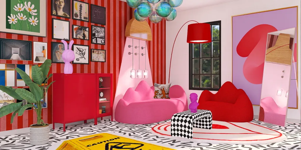 a room with a red couch, a pink chair, and a blue wall 