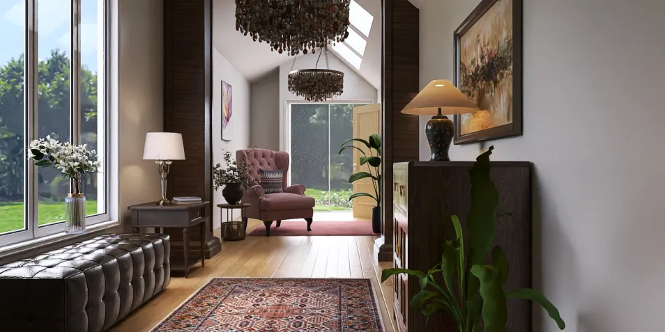 Elegant hallway featuring a cozy armchair and decorative lighting, showcasing a modern interior design style that enhances space value, utilizing Homestyler's real-time 3D rendering for accurate design preview.