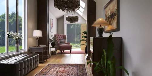 Elegant hallway featuring a cozy armchair and decorative lighting, showcasing a modern interior design style that enhances space value, utilizing Homestyler's real-time 3D rendering for accurate design preview.