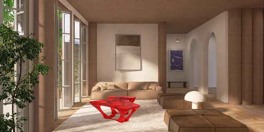 a red couch sitting in a living room next to a window 