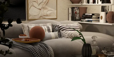 cozy corner sofa arrangement featuring decorative pillows and accessories in a modern style living room design that utilizes Homestyler's real-time 3D rendering feature for interior decoration optimization.