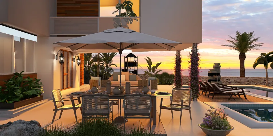 Outdoor dining area with a sunset backdrop showcasing a modern tropical design style, ideal for enhancing outdoor living spaces using Homestyler's real-time 3D rendering feature.