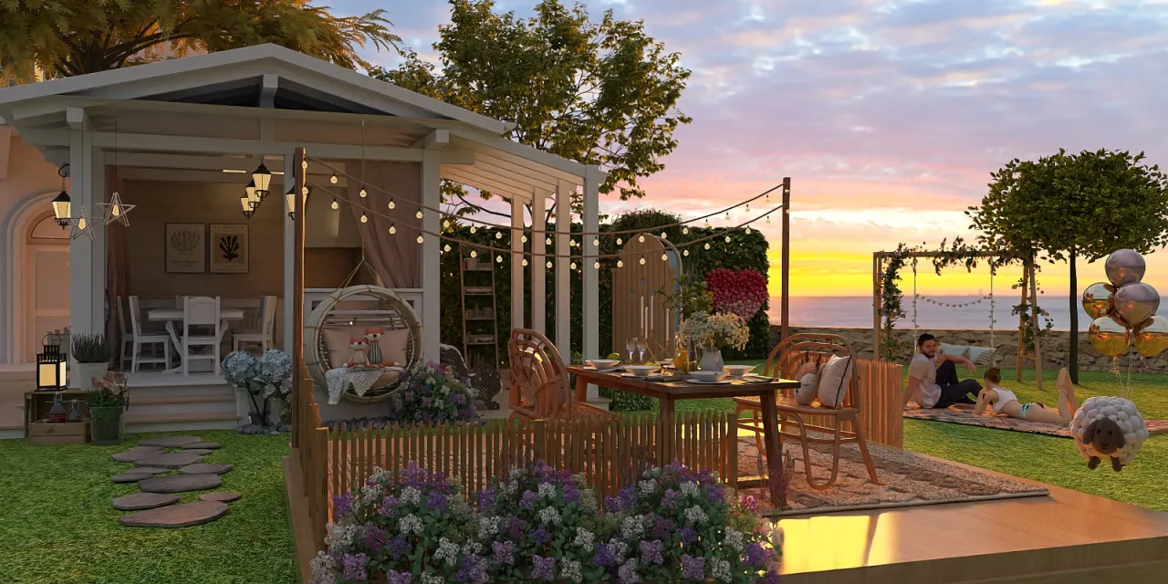 a patio with a lawn chair and a table 