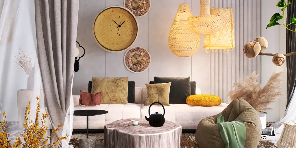 a living room with a clock, a table, and a vase 