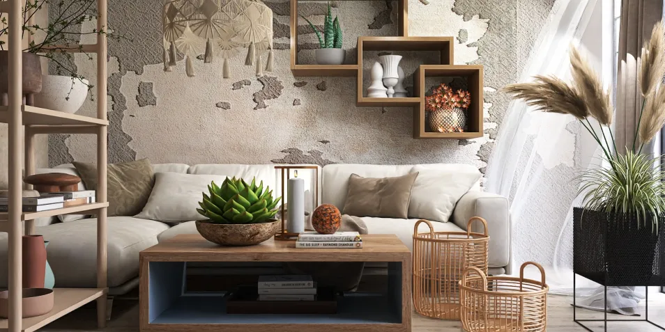 living room design featuring modern furniture arrangement with a cozy aesthetic, showcasing natural materials and warm tones, optimized for interior decor, utilizing Homestyler's real-time 3D rendering feature.