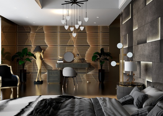 black&white&Gold bedroom modern Design Rendering