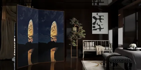 screen divider featuring a serene landscape design enhancing a modern luxury living room ambiance with sophisticated decor elements, showcasing Homestyler's real-time 3D rendering capability.