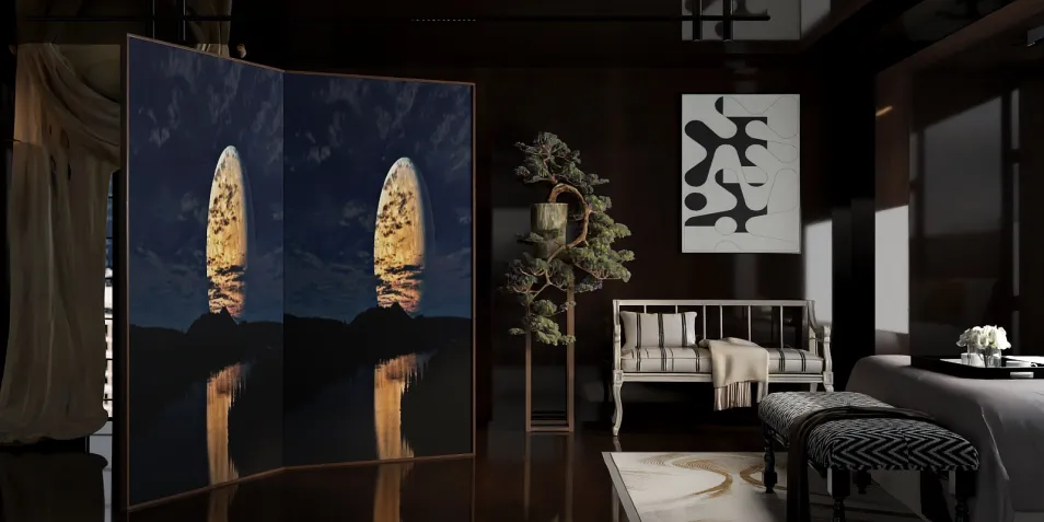 screen divider featuring a serene landscape design enhancing a modern luxury living room ambiance with sophisticated decor elements, showcasing Homestyler's real-time 3D rendering capability.