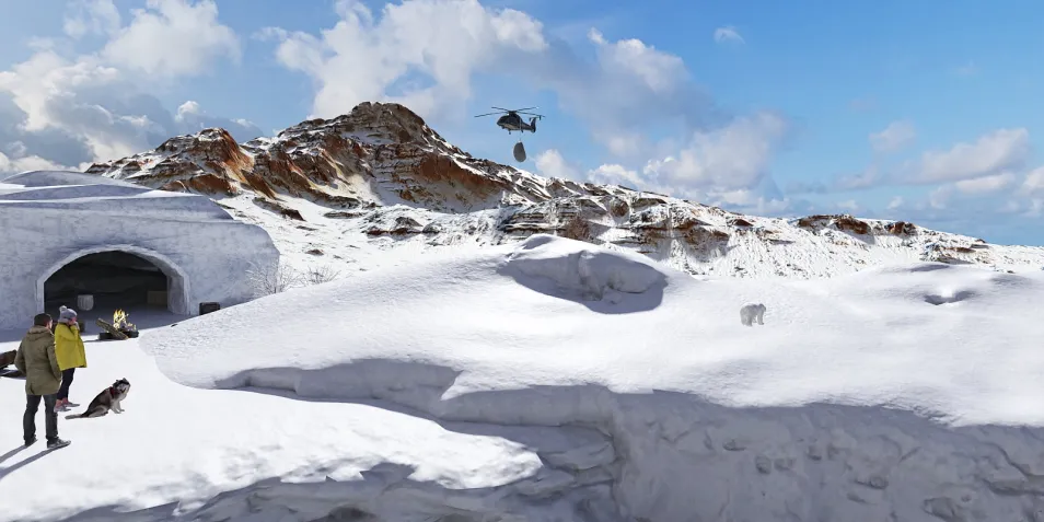 a person observing a helicopter in a snowy landscape with mountains in the background, showcasing winter outdoor adventure elements; suitable for a winter scenery decor theme; utilizes Homestyler's real-time 3D rendering feature for rapid visualization.