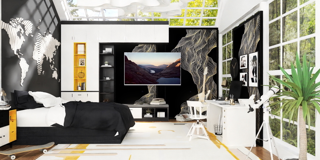 a living room with a large screen tv and a large window 