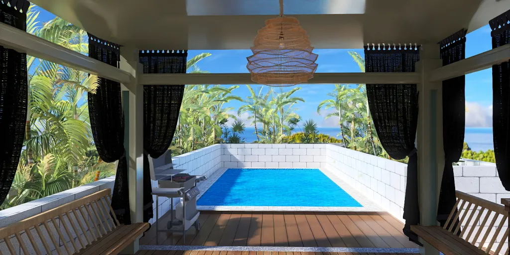 a large pool with a balcony and a large tub 