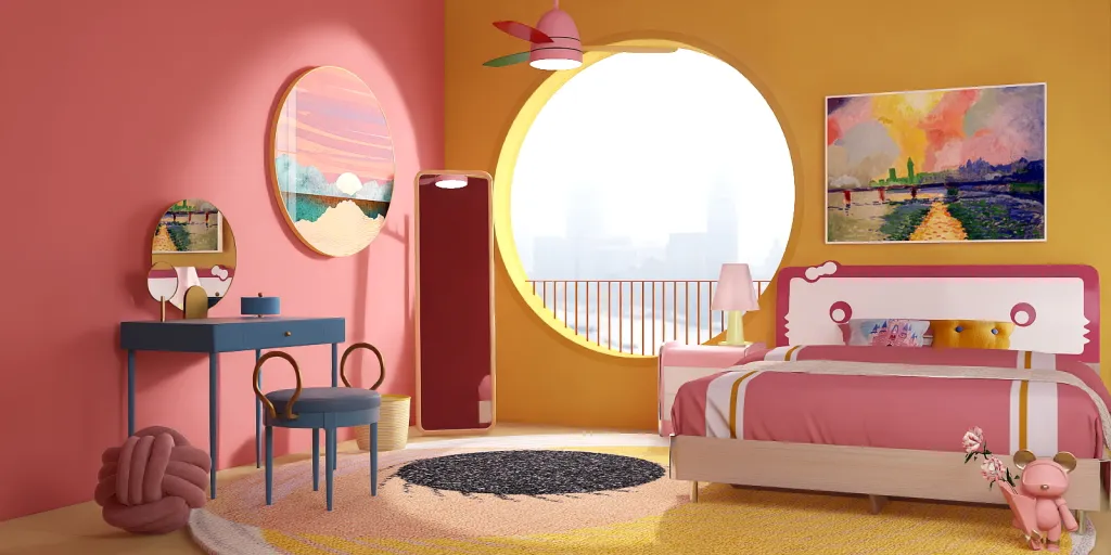 a bedroom with a pink bed and a pink wall 
