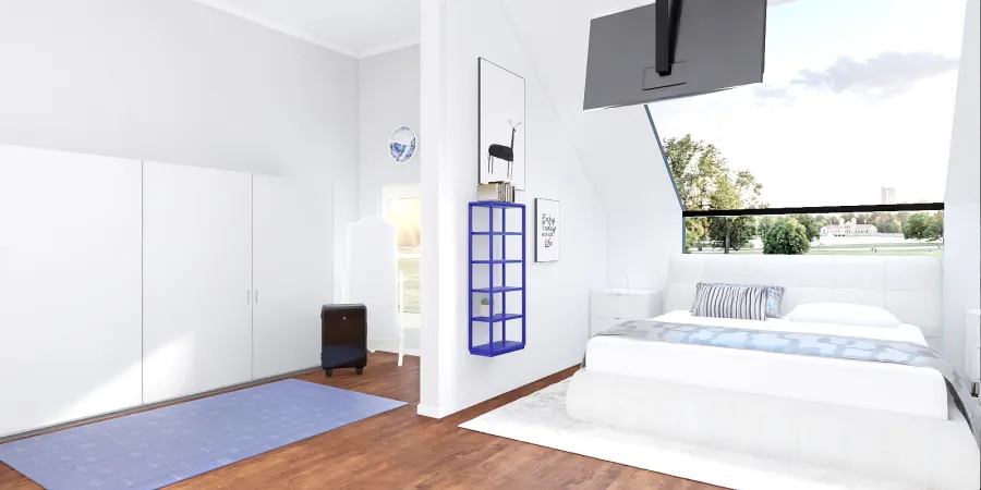 a bedroom with a white bed and a blue wall 
